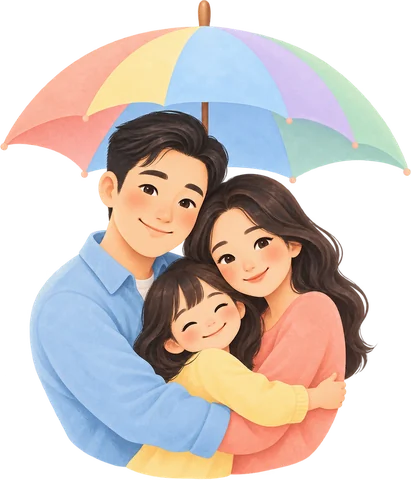 Illustration: a family of three sheltered under an umbrella