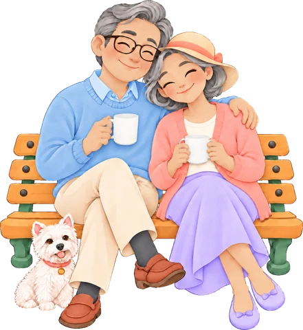 Illustration: a retired couple relaxing on a park bench with their dog